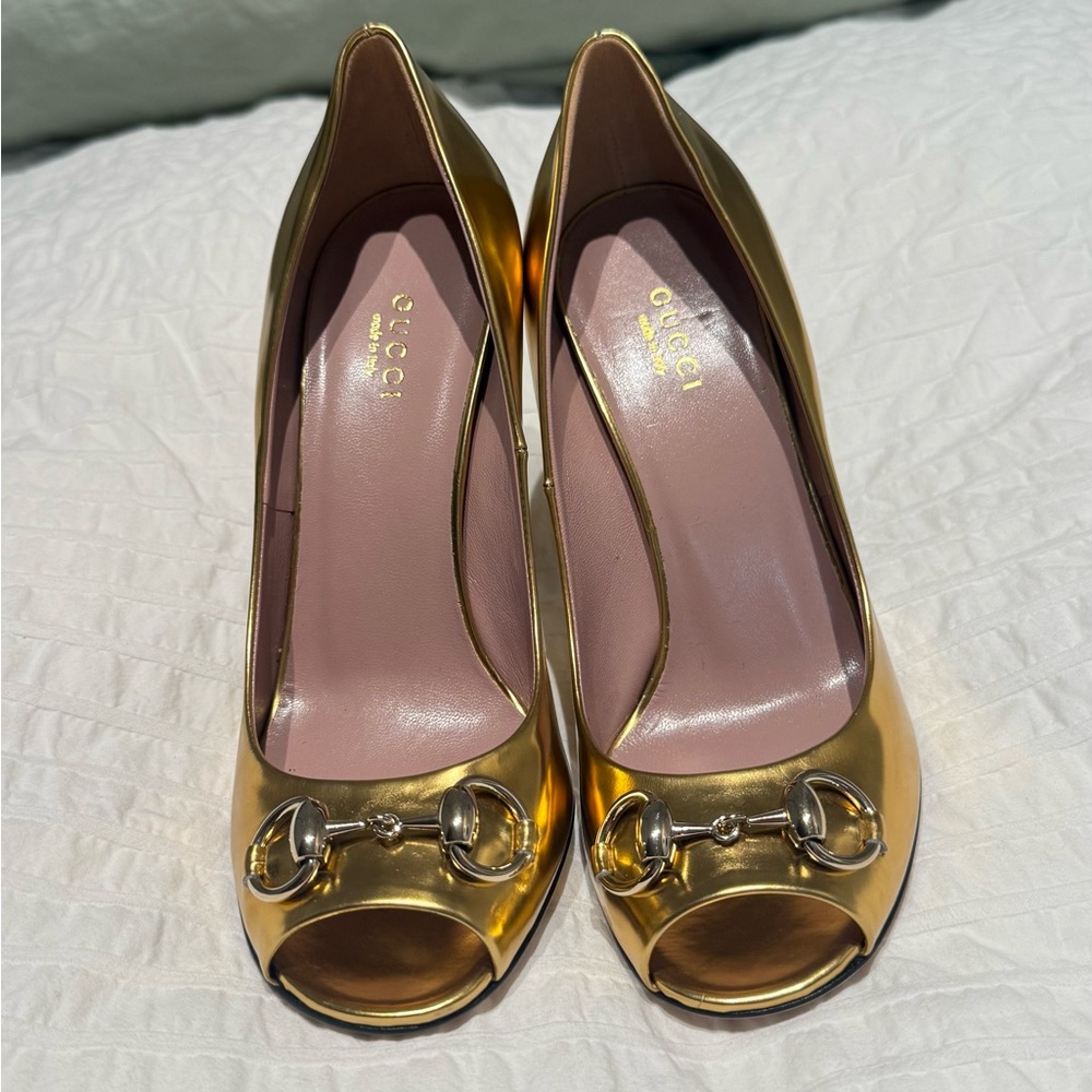 Gucci Metallic Gold Peep-Toe Heels